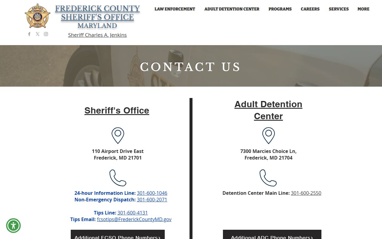 Frederick County arrest records Sheriff's Office contact page
