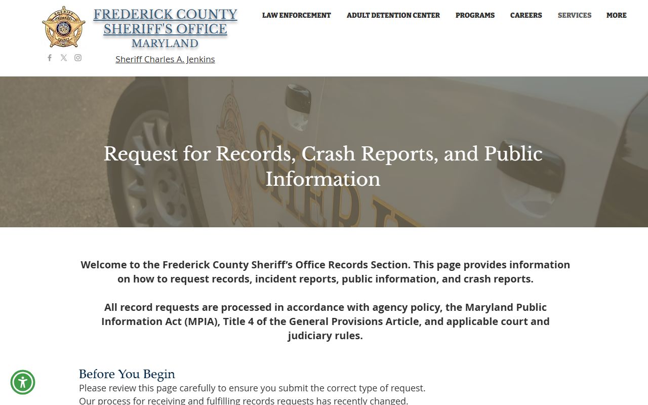 Frederick County arrest records GovQuest reports and PIA request page