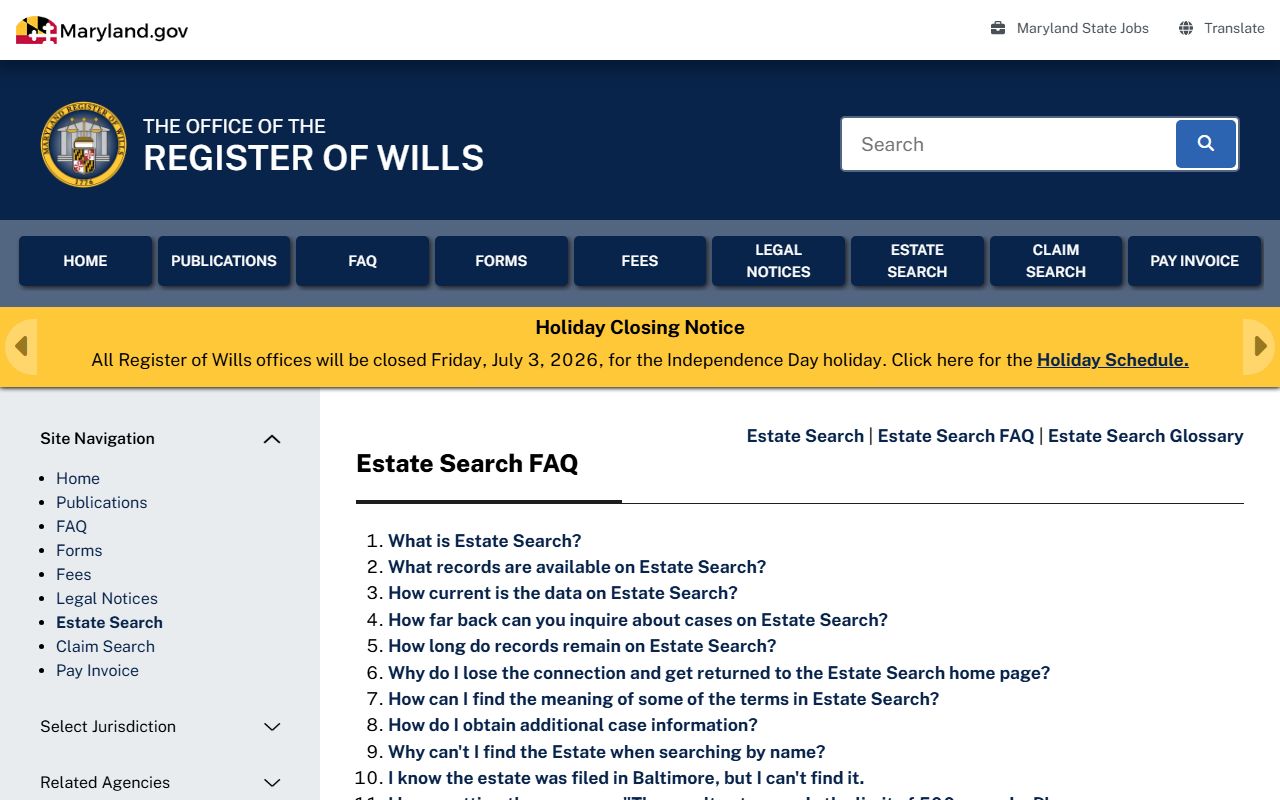 Frederick County court dockets estate search FAQ