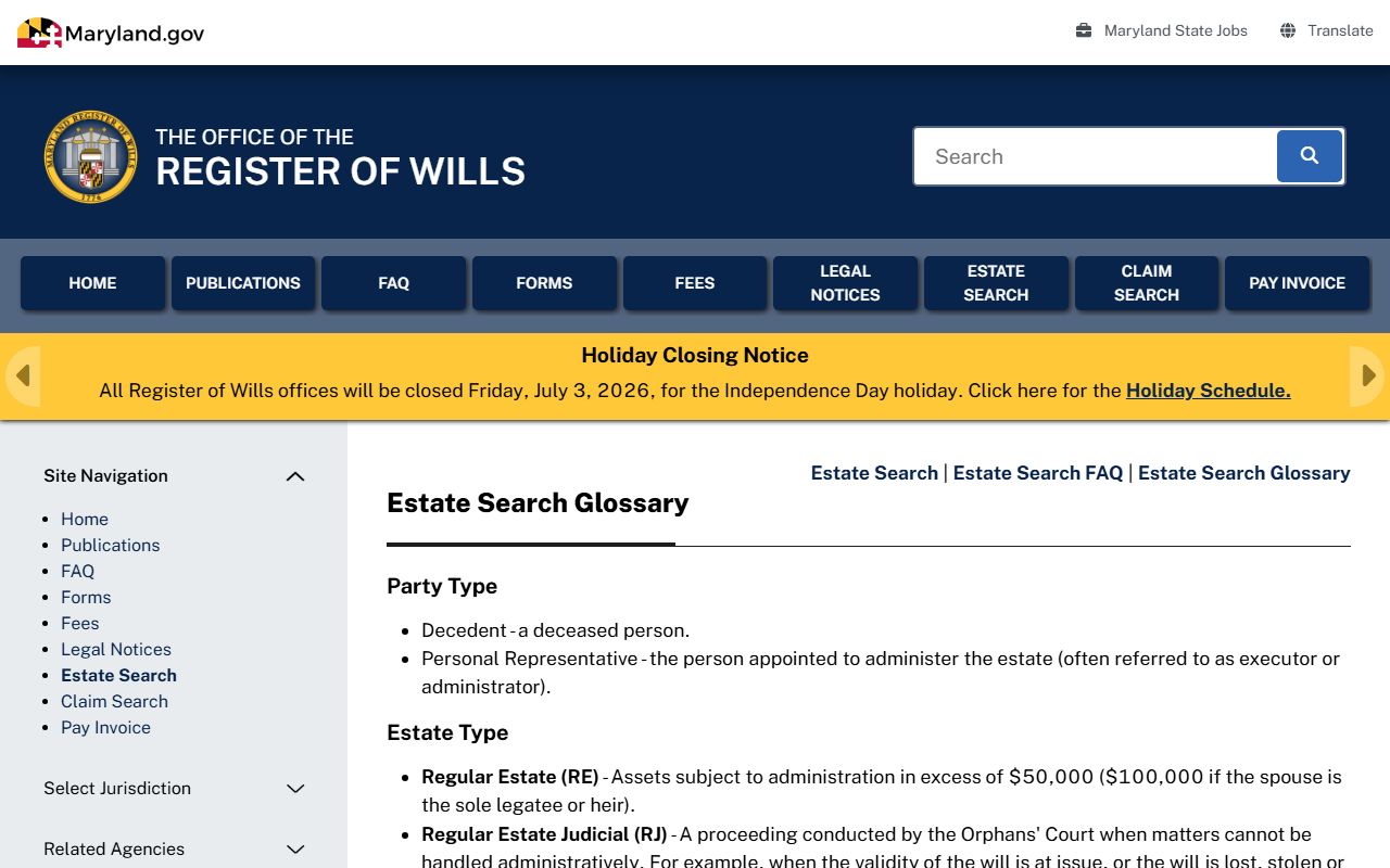 Frederick County court dockets estate search glossary