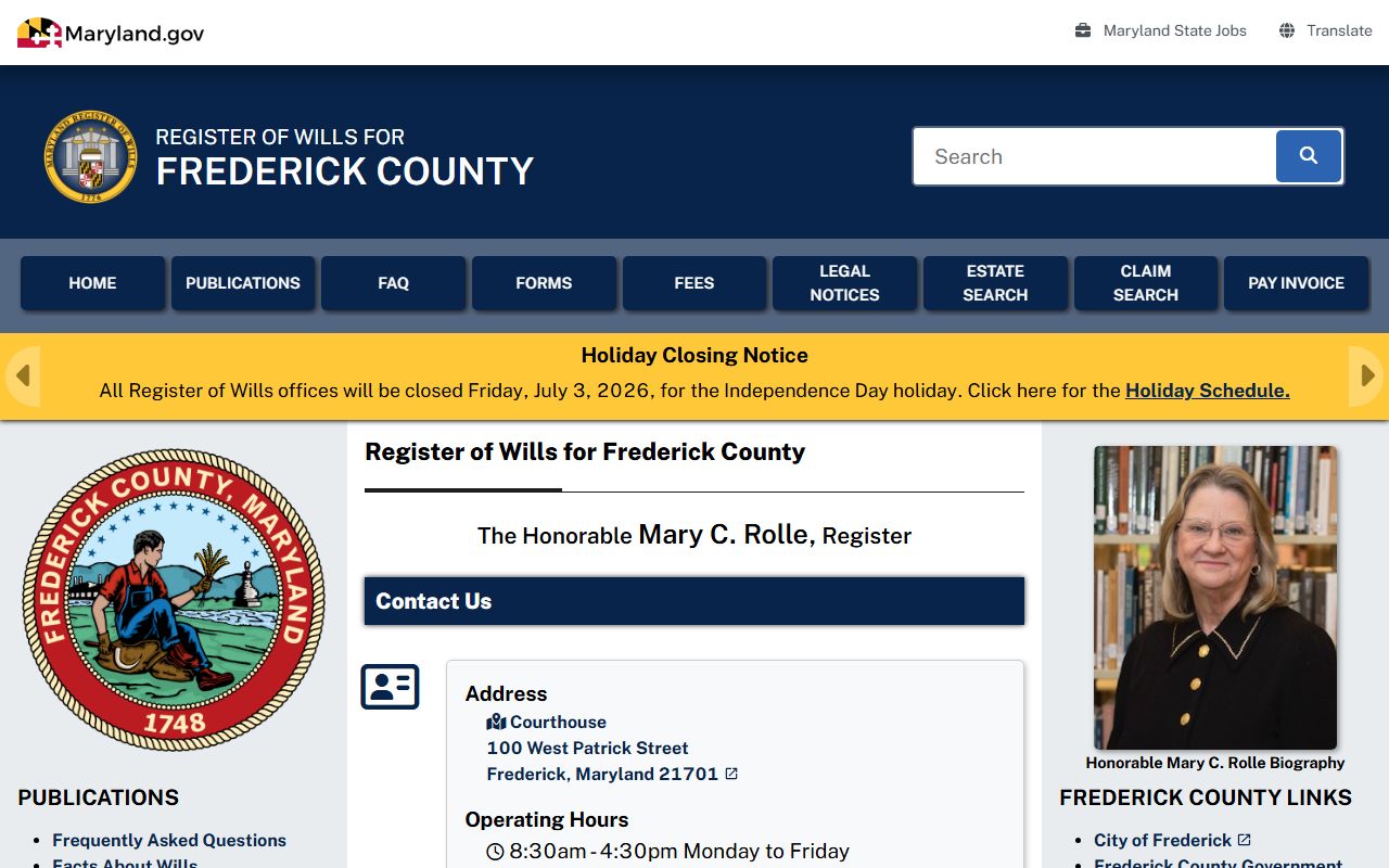 Frederick County court dockets Frederick Register of Wills office page