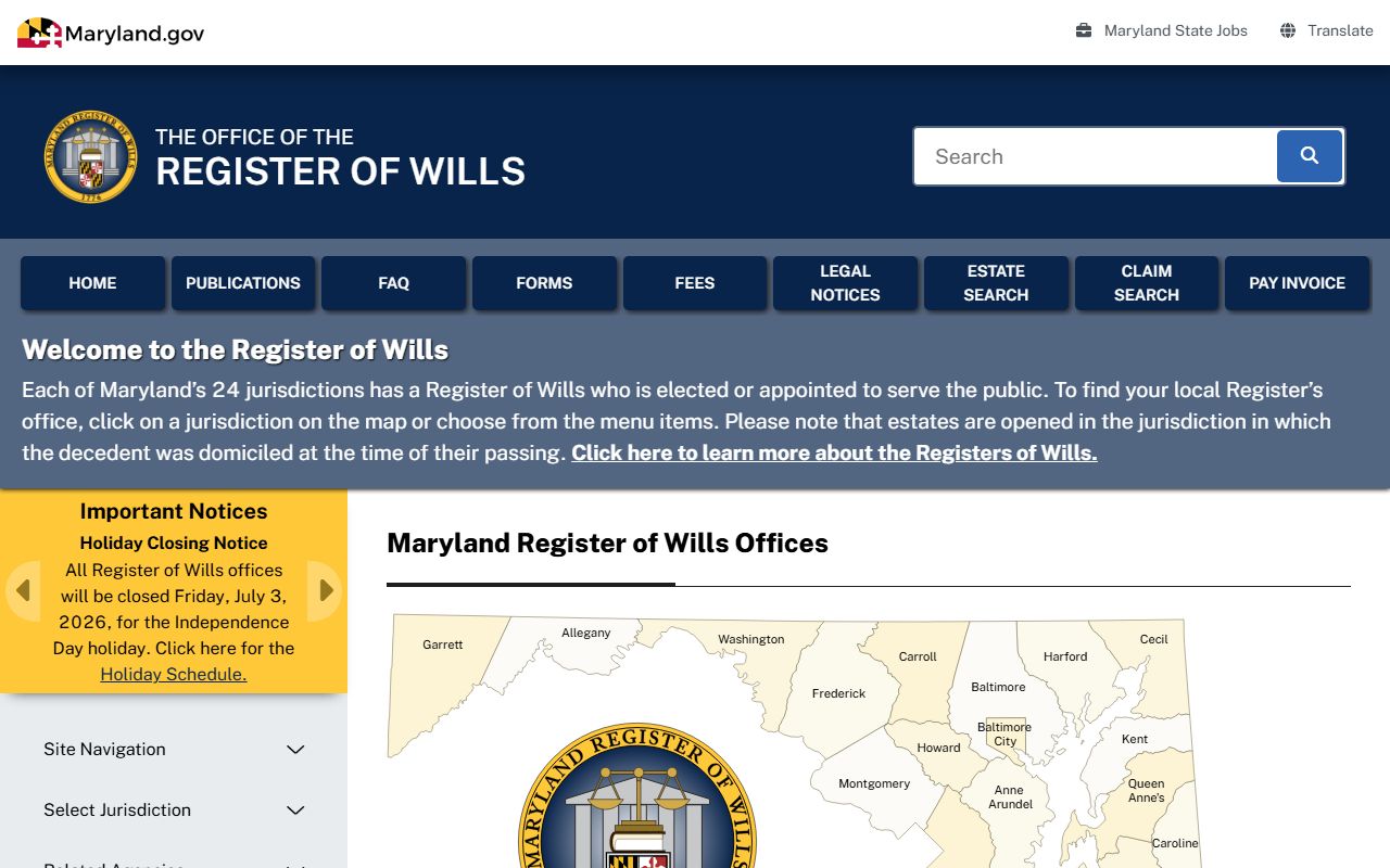 Frederick County court dockets Maryland Register of Wills homepage