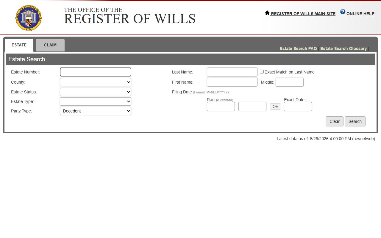 Frederick County court dockets estate search form fields