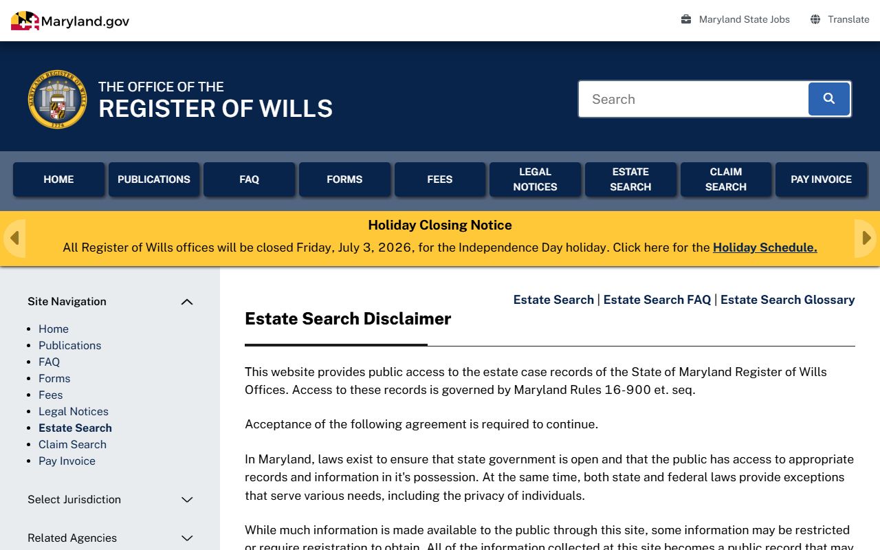 Frederick County court dockets Register of Wills Estate Search entry