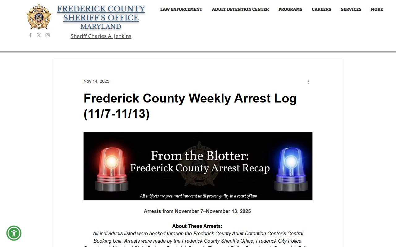 Frederick County criminal court records Sheriff's weekly arrest log example