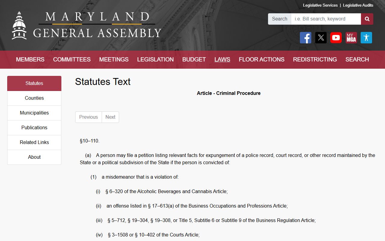 Frederick County criminal court records Maryland expungement statute certain convictions