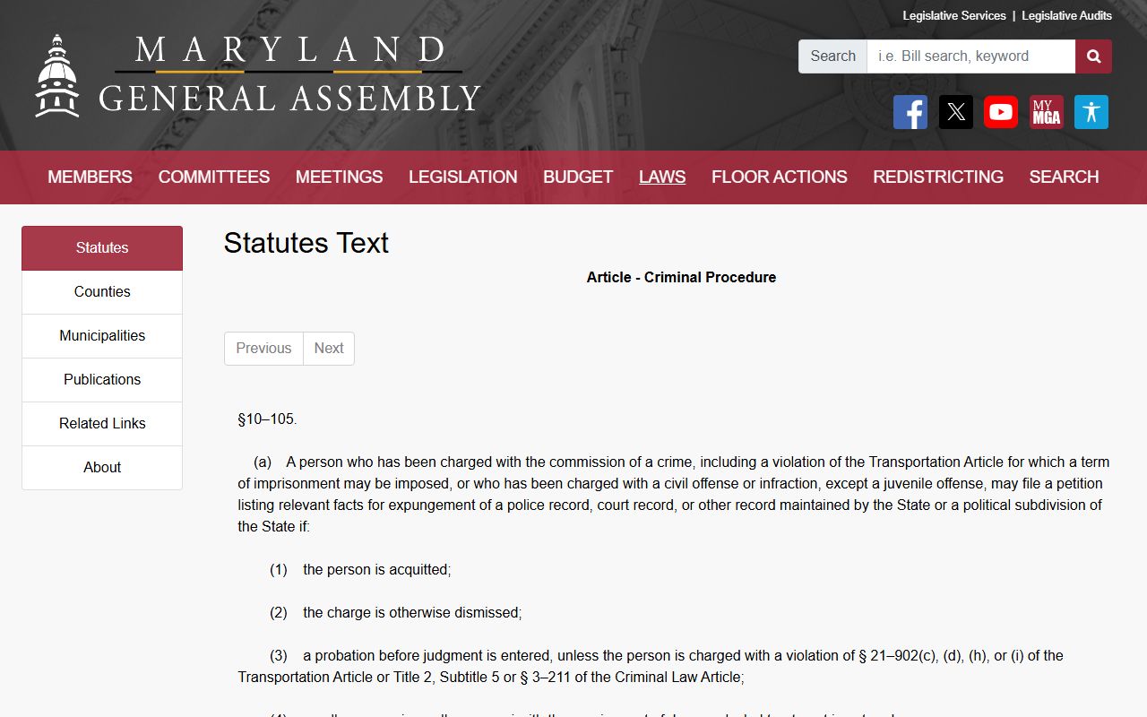 Frederick County criminal court records Maryland expungement statute eligible dispositions