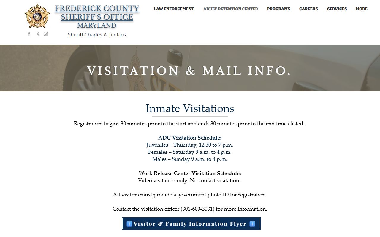 Frederick County inmate records visitation schedule and mail information