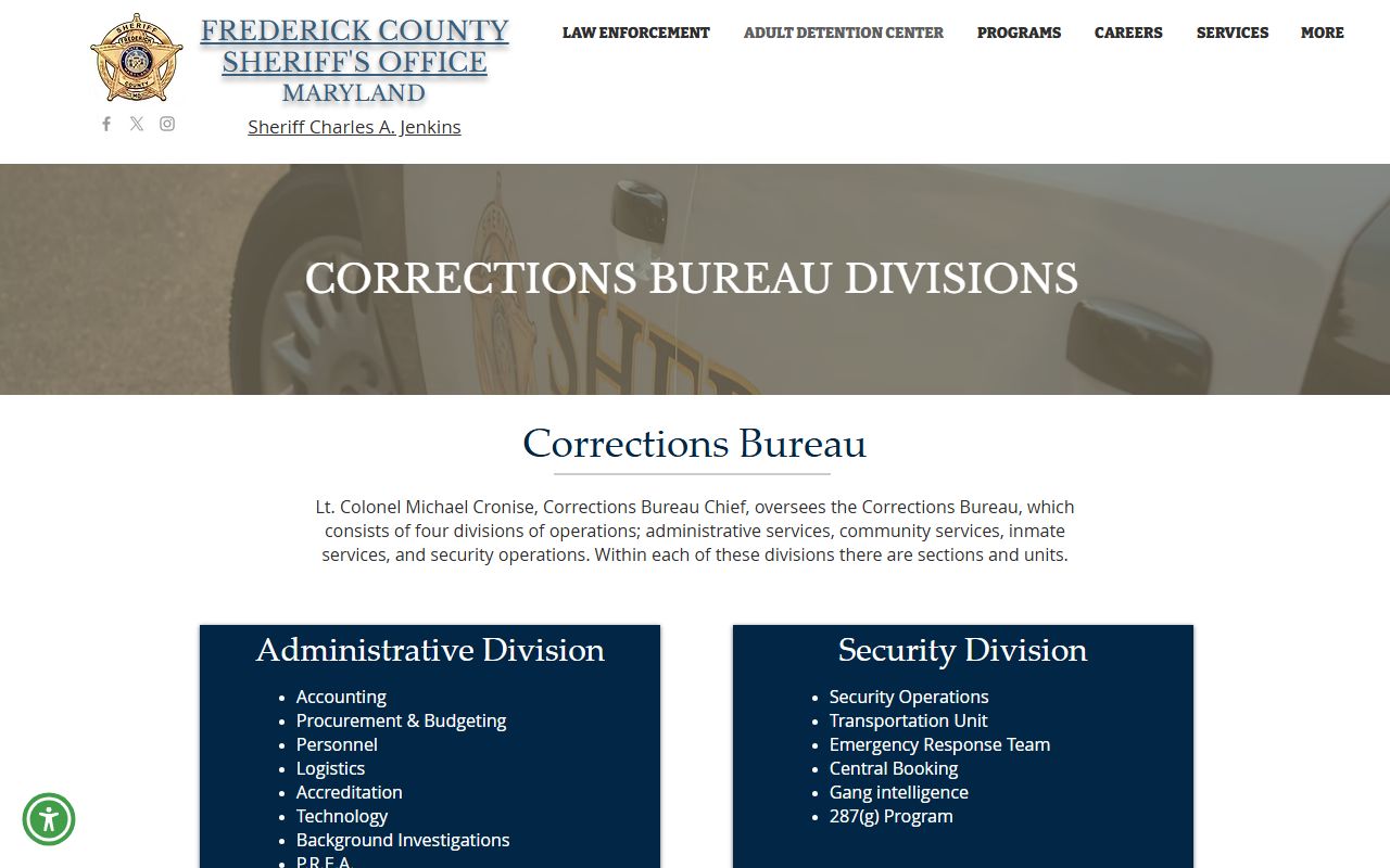 Frederick County inmate records corrections bureau divisions