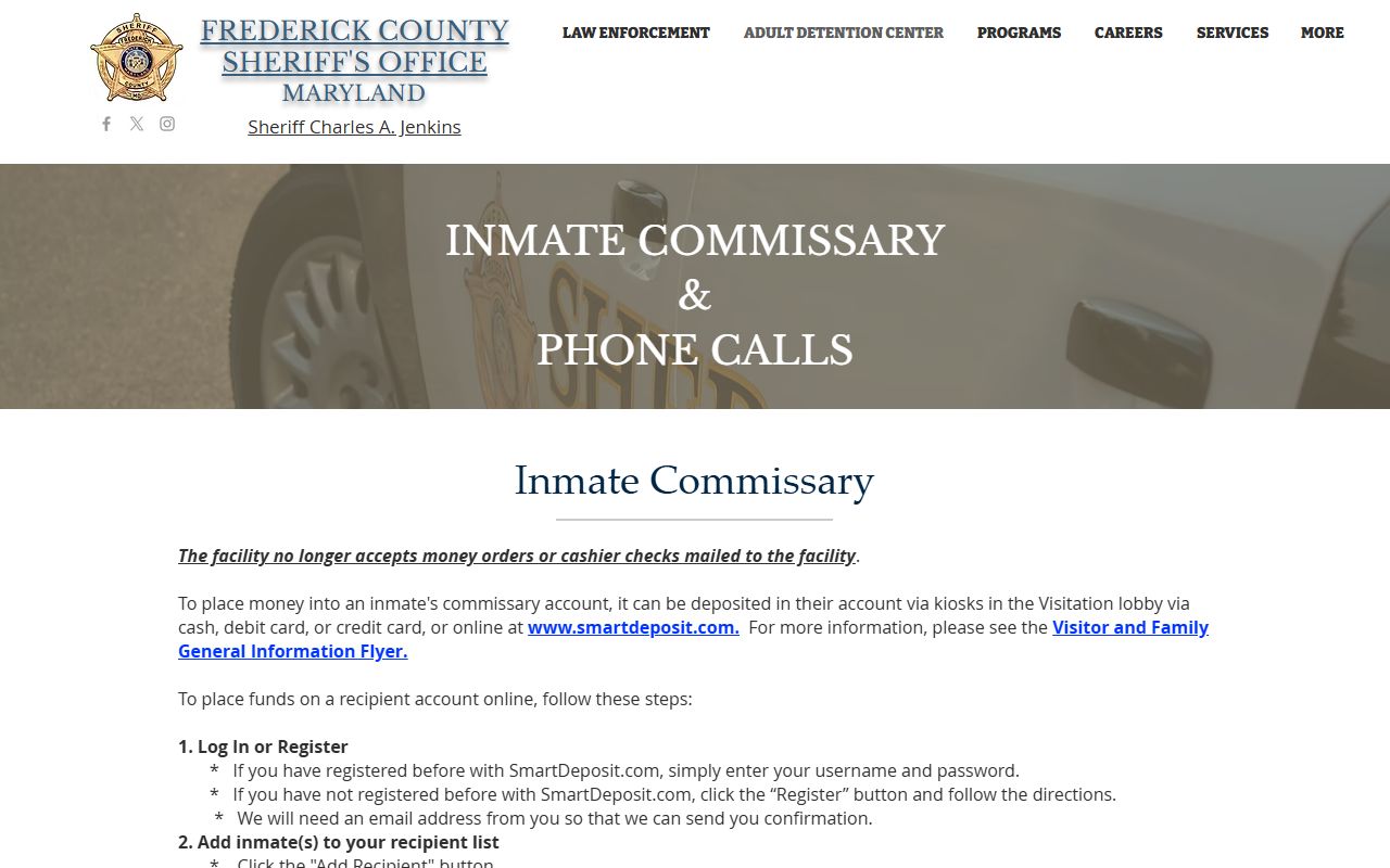 Frederick County inmate records commissary and phone call instructions