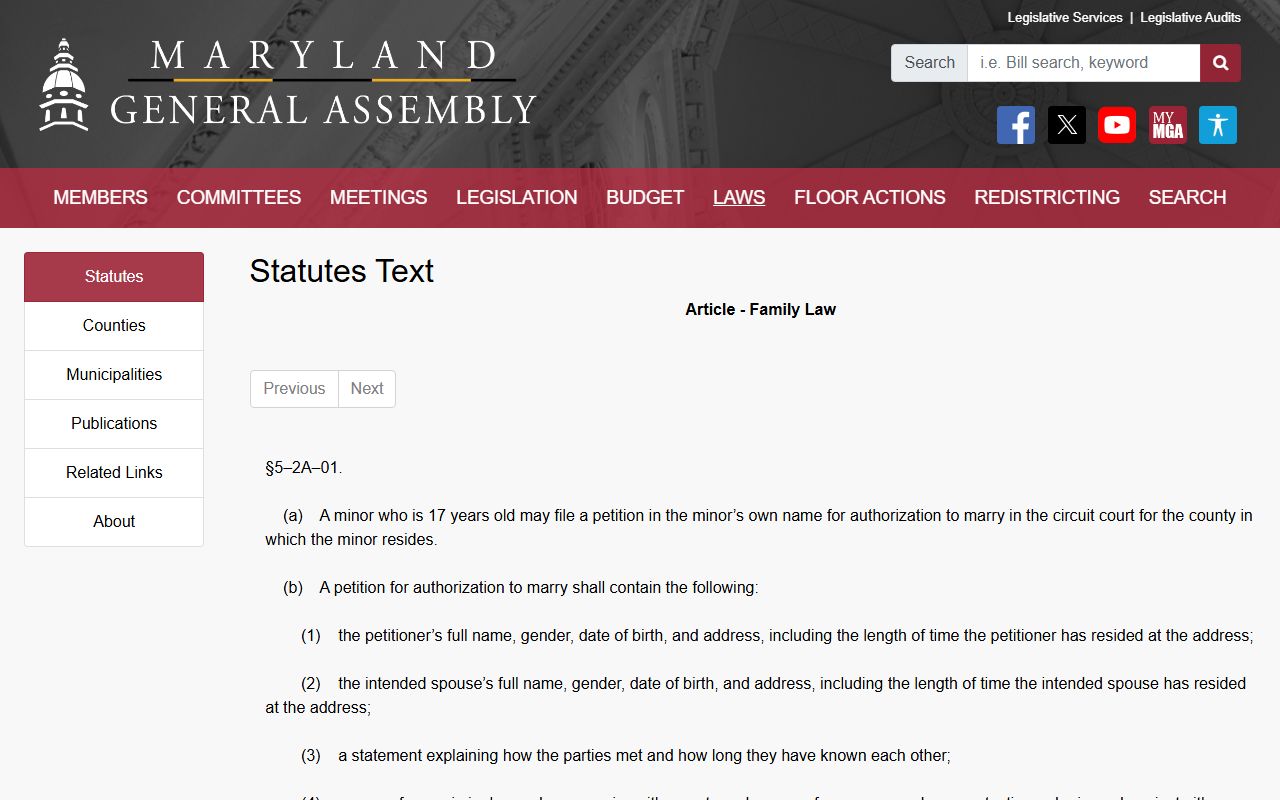 Frederick County marriage records minor marriage authorization statute