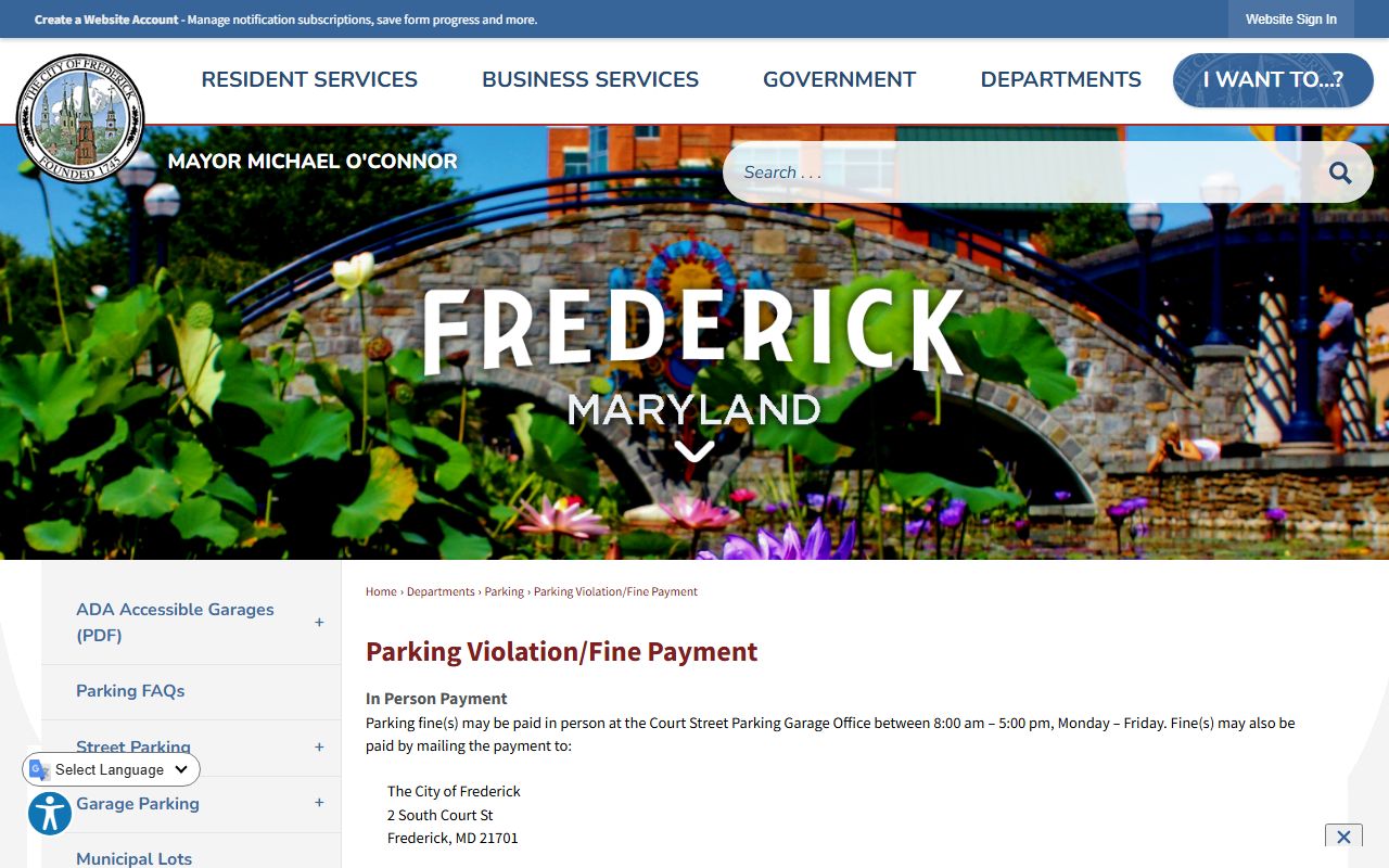 Frederick County traffic court records City parking violation payment