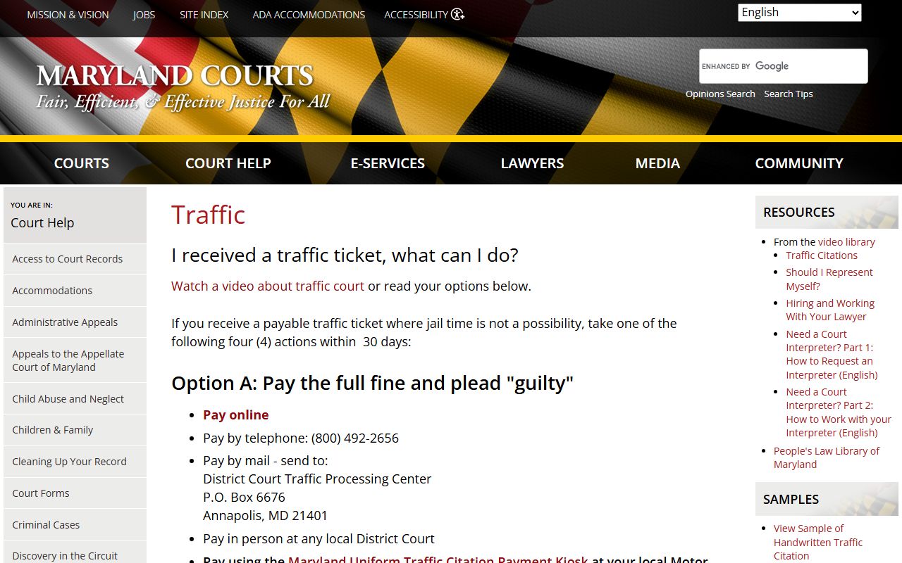 Frederick County traffic court records Maryland Courts traffic help page